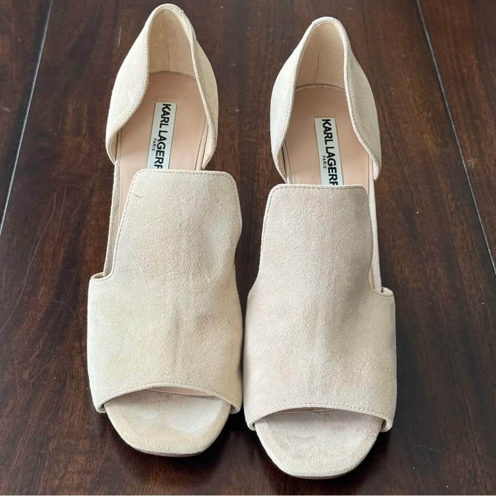Karl Lagerfeld Beige Suede Block Heel Open Toe Shoes